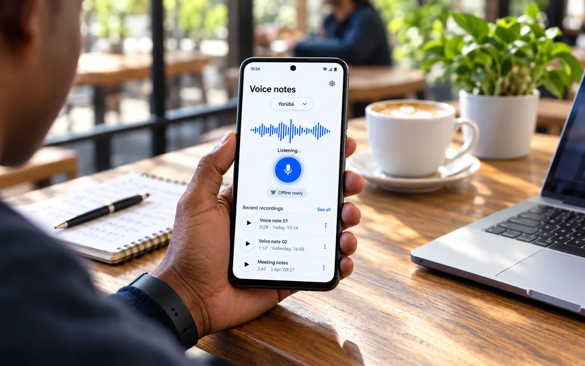 A hand holding a phone running a voice-notes app that transcribes speech offline, on a café table.