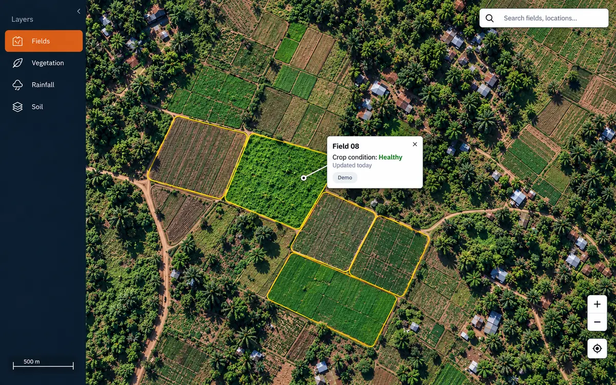Satellite view of smallholder farm plots with a map overlay outlining fields and showing one field’s crop condition.